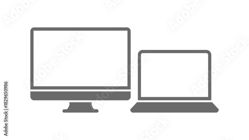 A simple gray outline of a desktop computer and a laptop computer on a white background illustration