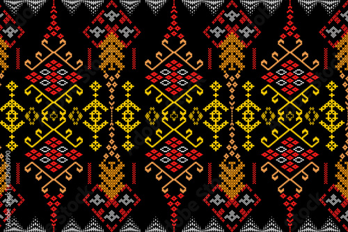 Seamless ethnic geometric cross-stitch pattern in black, red and gold. Tribal embroidery design for textile.