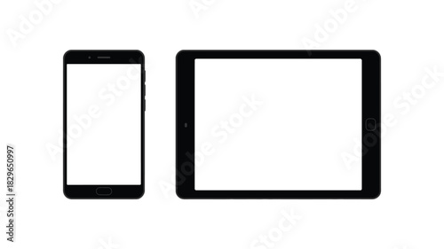 A black smartphone and tablet with blank white screens side by side on a plain white background display
