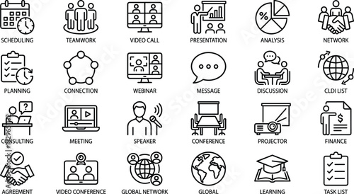 Business Communication and Teamwork Line Icons Set Video Conference, Scheduling, Consulting, Presentation, Global Network, and Learning Vector Illustration Content.