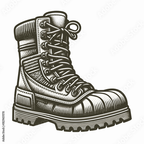 Detailed black and white illustration of a sturdy work boot with laces