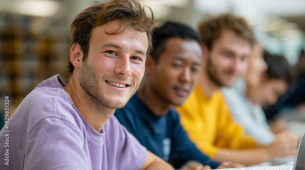 Fototapeta premium A group of young men sitting at a table in a classroom setting, smiling and looking towards the camera.