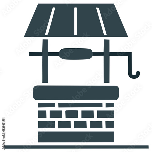 Water Well Silhouette Illustration with Roof and Handle for Bucket Retrieval