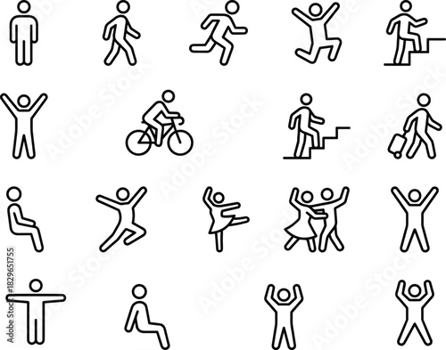 Human Action and Movement Line Icons Set Walking, Running, Dancing, Cycling, Sitting, and Travel, Editable Stroke Vector.