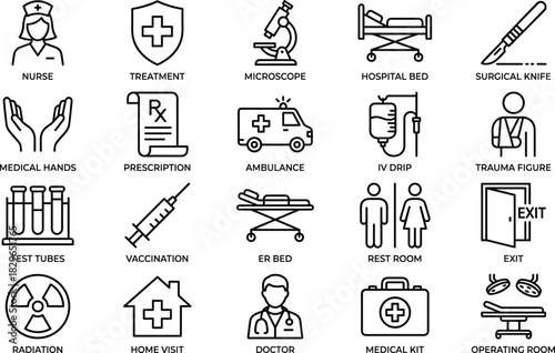 Hospital and Medical Emergency Line Icons Set Nurse, Doctor, Surgery, Treatment, Ambulance, and Laboratory Test, Editable Stroke Vector.