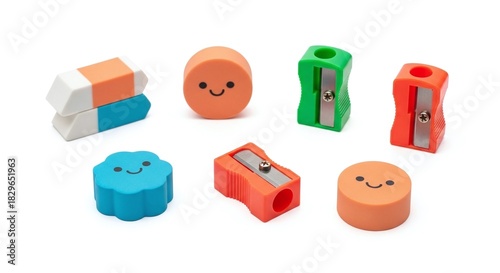 Collection of cute pencil sharpeners and erasers isolated on white background