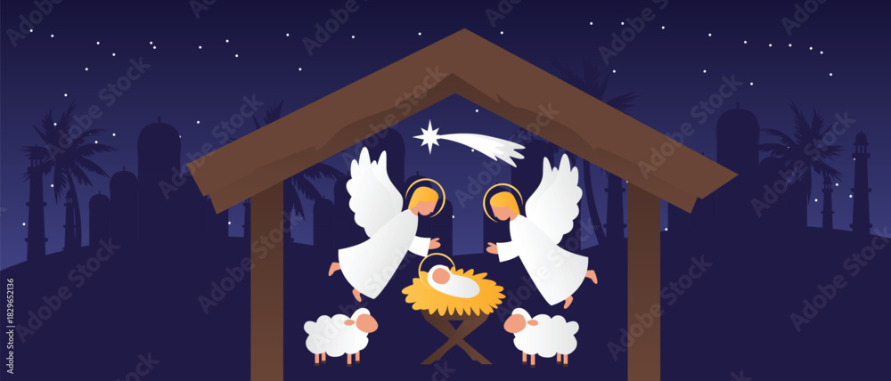Fototapeta premium Night nativity scene with angels, baby Jesus and manger, with Bethlehem city silhouette in the background, flat minimalist illustration