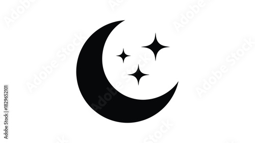 A crescent moon with three stars in black silhouette on a plain white background simple illustration