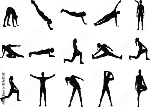 Large Collection of Workout Silhouettes Showing People Performing Stretching, Yoga, Fitness, and Core Exercises for Health and Wellness Programs