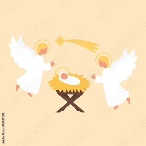 Nativity scene with angels and baby Jesus in a manger, minimalist flat Christmas illustration