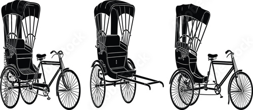 Set of Three Traditional Asian Cycle Rickshaw Silhouettes, an Eco-Friendly Human-Powered Urban Taxi and Public Transport Vector Illustration