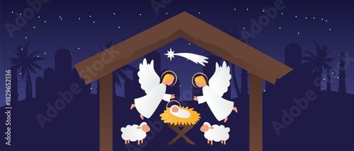 Night nativity scene with angels, baby Jesus and manger, with Bethlehem city silhouette in the background, flat minimalist illustration