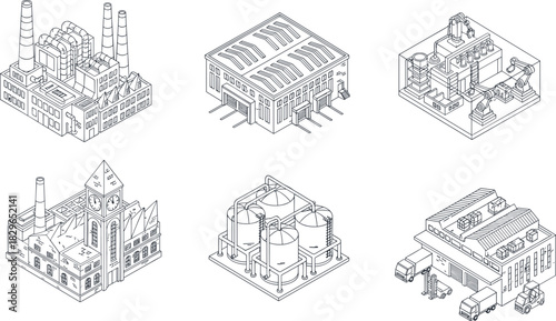 Isometric industrial factory buildings illustration with manufacturing plants, warehouse facilities, production machinery, automated systems, chemical storage 