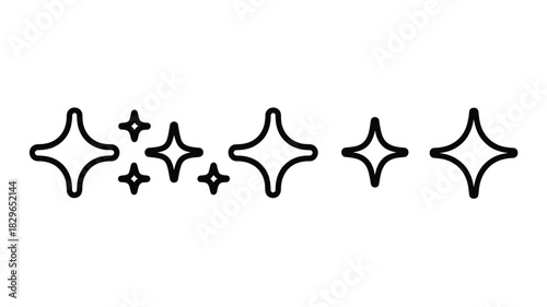 A line of stylized stars of varying sizes with thick black outlines on a plain white background view from above