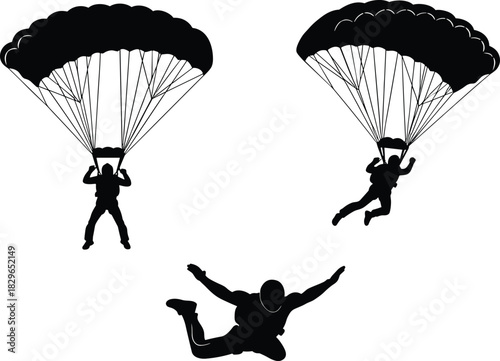 Set of Three Skydiver Silhouettes Showing Parachuting, Freefall, and Extreme Sports Adventure Activities for Recreation and Adrenaline Vector
