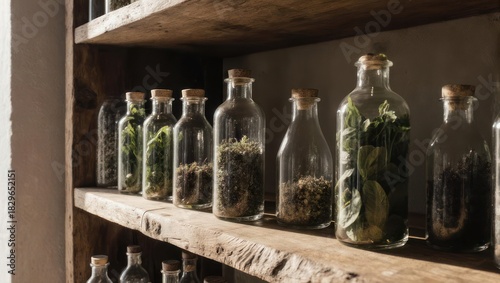 Vintage Glass Bottles Filled With Herbs and Spices on Rustic Wooden Shelves.