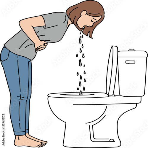 Vector Illustration of a Sick Woman Experiencing Nausea and Vomiting over a Toilet Bowl Due to Food Poisoning, Stomach Flu, or Morning Sickness