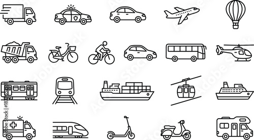Transportation and Vehicle Line Icons Set Car, Truck, Airplane, Train, Scooter, and Emergency Ambulance, Editable Stroke Vector.