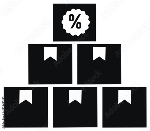 Discount Tag on a Stack of Boxes Symbolizing Sales and Delivery, Monochrome Illustration