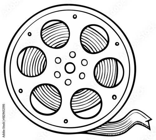 Classic film reel with unwinding movie tape line art illustration for cinema and entertainment