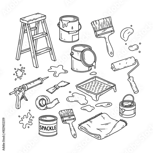 Set of painting tools and materials including brushes, rollers, spackle, and paint cans illustrated in a simple black and white line drawing style