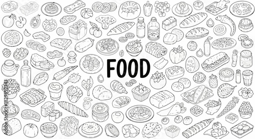 Black and white illustration of various food items with the word food in the center