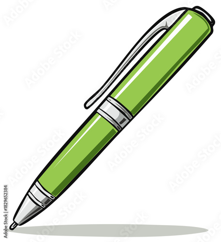Vector illustration of a shiny green ballpoint pen office or school supply