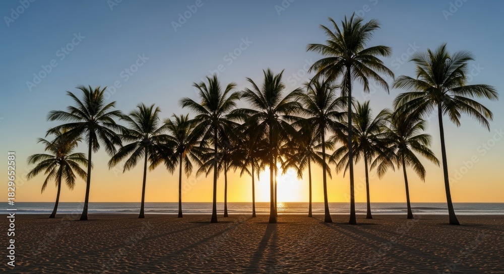 Obraz premium Stunning palm trees at sunset on a serene beach
