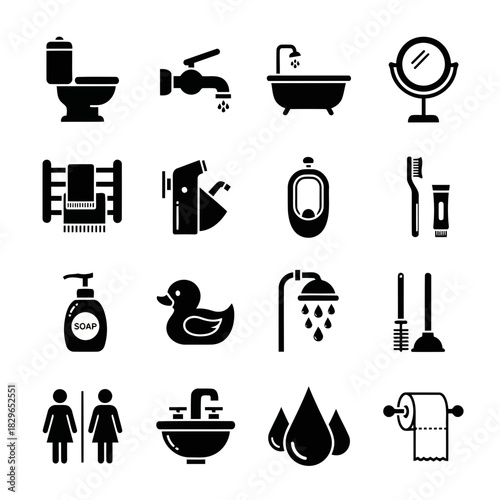Collection of bathroom icons including toilet, bathtub, sink, shower, and cleaning supplies