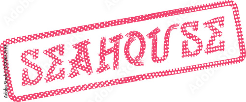 Bold distressed seahouse wordmark within a rectangular dotted frame delivers a vibrant stamp impression