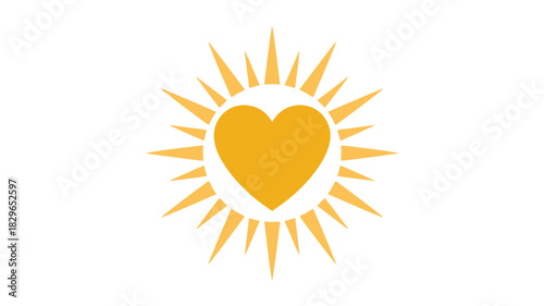 A golden heart surrounded by radiating golden rays on a plain white background in a simple design