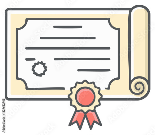 certificate scroll with red ribbon, outline style clip art preview
