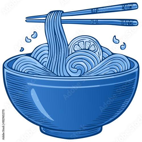 Delicious Asian Noodle Soup Bowl with Chopsticks and Citrus Slice, a Culinary Delight in a Simple Illustration