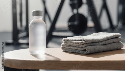 Water bottle and towel on a table in a gym setting.