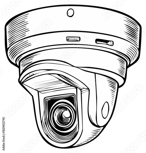Detailed line art illustration of a dome security camera for CCTV video surveillance and monitoring