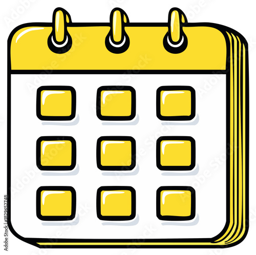 Yellow and white cartoon style calendar with visible page binding and blank squares for dates