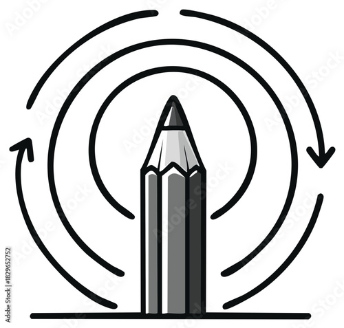 Pencil surrounded by circular arrows, concept of process, creativity or learning.