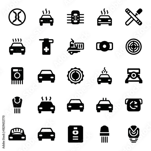 Set of car and vehicle icons including repair, maintenance, and safety symbols isolated on