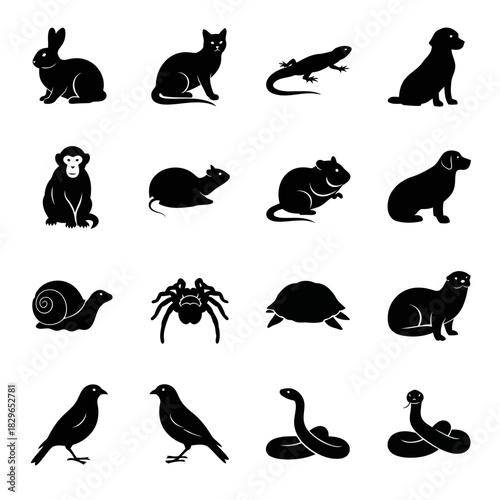 Black silhouettes of various animals and insects including rabbits, cats, dogs, monkeys, rats, snails, spiders, birds, and more