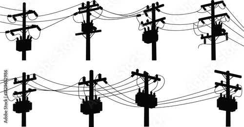 Utility pole silhouettes, electrical transformers, power distribution lines, crossarm
