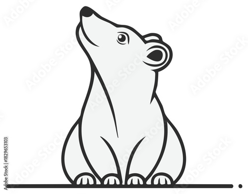 Stylized polar bear cub sitting and looking upwards with curiosity and innocence