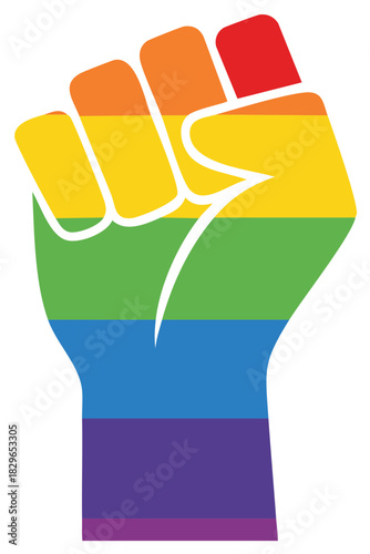Rainbow colored raised fist symbol representing LGBTQ pride and social justice movement solidarity