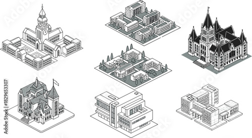 Isometric institutional buildings, university campus, government architecture, public structures, gothic style, modern design, educational facility, urban 