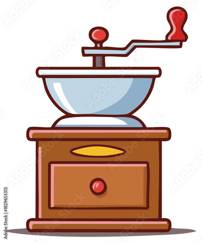 Vintage Manual Hand Crank Coffee Grinder Mill Cartoon Illustration