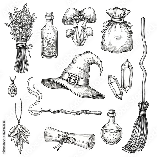 Illustration of witchcraft elements including herbs, potions, a magic wand, a witchs hat, and a broomstick on