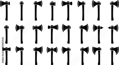 Collection of axe and hatchet silhouette icons featuring various blade shapes, tool designs, woodcutting equipment, lumberjack symbols, and weapon tool illustrations for graphic projects