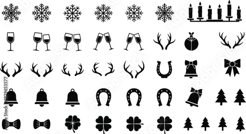 Collection of black silhouette vector icons featuring various holiday and luck symbols, including snowflakes, candles, wine glasses, antlers, horseshoes, bells, bows, clovers, and Christmas trees