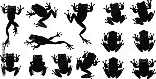 Collection of black frog silhouettes, showcasing various jumping and sitting poses, vector set ideal for wildlife design, amphibian conservation, nature themes, logos, and T-shirt printing projects.