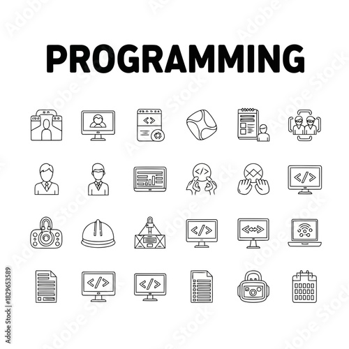 Programming icons set with various symbols representing coding, development, and software engineering concepts