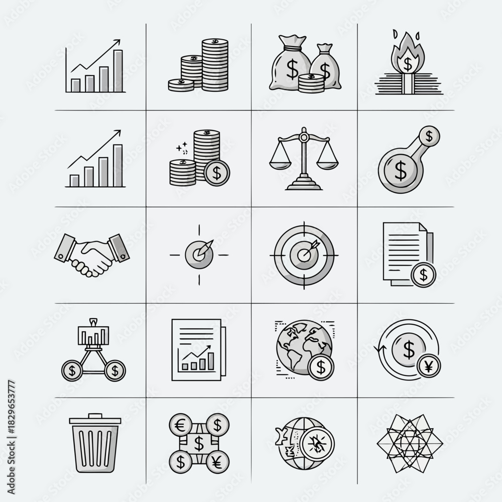Naklejka premium Set of icons representing finance, business, and economic concepts such as growth, investment, and transactions
